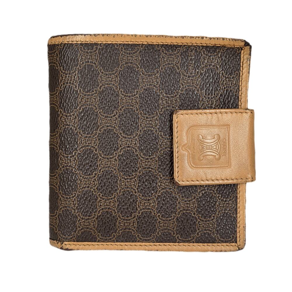 CELINE VINTAGE MACADAM CANVAS & LEATHER SNAP WALLET – BROWN – EDGE WEAR